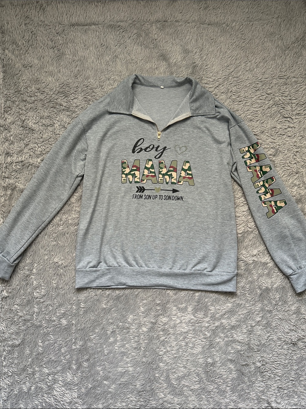 Women’s Size L,  Boy Mama Grey Pullover with Camo Accent